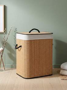 1Pc Large Capacity Foldable Bamboo Laundry Hamper With Lid & Handles,Hand-Woven Storage Basket, Bamboo Woven With Lid, For Miscellaneous Items, Toys, Dirty Clothes, Portable Laundry Hamper - Bamboo primary color - View 3