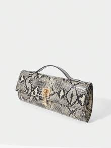 SHECARRY Women's Fashionable Simple Versatile Classic Snake Pattern Faux Leather Gold Buckle Handbag, For Dating, Daily Life, Afternoon Tea, Party, Banquet - Khaki snake pattern - View 3