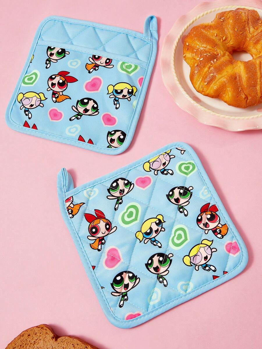 THE POWERPUFF GIRLS X SHEIN 1/2 Buah Set Alas Isolasi Dapur Motif Kartun Lucu, Alas Isolasi, Wajib Ada untuk Memanggang di Dapur, Mengisolasi Sumber Panas Secara Efektif, Tunggal/Kombinasi - Biru - View 1