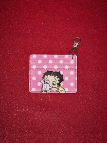 Betty Boop x SHEIN 1 Piece Pink Polka Dot Card Bag Keychain PU Leather Wallet With Keychain Buckle Bag Pendant - Multicolor - View 3