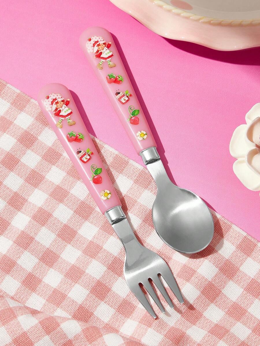 Strawberry Shortcake X SHEIN Strawberry Doll, Tableware Set 2-Piece Stainless Steel Fork And Spoon - Pink - View 1