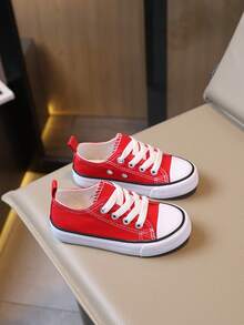 SHEIN Spring And Autumn Solid Color Children's Canvas Shoes Flat Bottom Non-Slip Breathable Lace-Up Girl Casual Shoes - Red - View 5