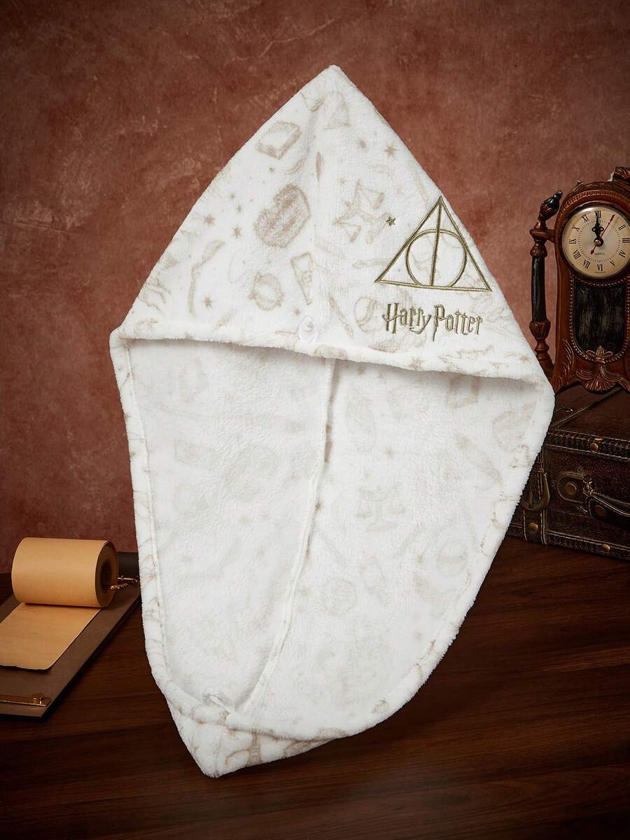 HARRY POTTER X SHEIN 金色刺繡乾髮帽,禮品,居家浴室裝飾夏季乾髮毛巾,返校季 - 白色 - 查看 1