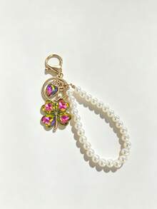 Rhinestone Lucky Clover Keychain, Faux Pearl Crystal Heart Clover Bag Charm Pendant, Fashion Handbag Accessory, Birthday Party Holiday Gift - Multicolor - View 4
