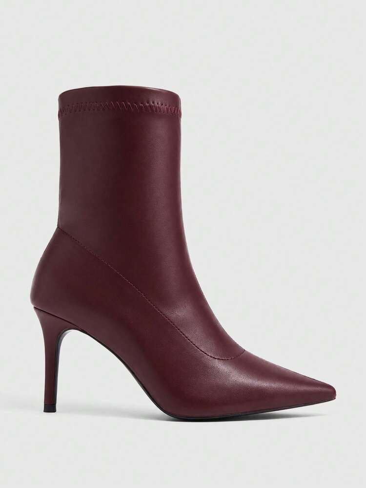 CUCCOO SZL Burgundy Elastic Pointed Toe Stiletto Heel Ankle Boots, Sexy Mature Style Soft Leather Ankle Boots, Versatile For Autumn/Winter Commute And Date Fall Boots - Burgundy - View 8