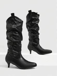 CUCCOO SZL Retro Gentle Style Women Autumn And Winter Commute Dating Solid Color Round Toe High Tube Fine Heel Natural Pile Pleated Tube Elegant Long Tube Fa - Black - View 1