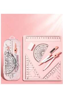 Set Alat Gambar Geometris 8 Buah ini Meliputi 4 Item: Penggaris, Kompas, Pensil, Penghapus, dan Rautan Pensil. Ini adalah set alat tulis yang ideal untuk sekolah dan siswa. - Set - View 2
