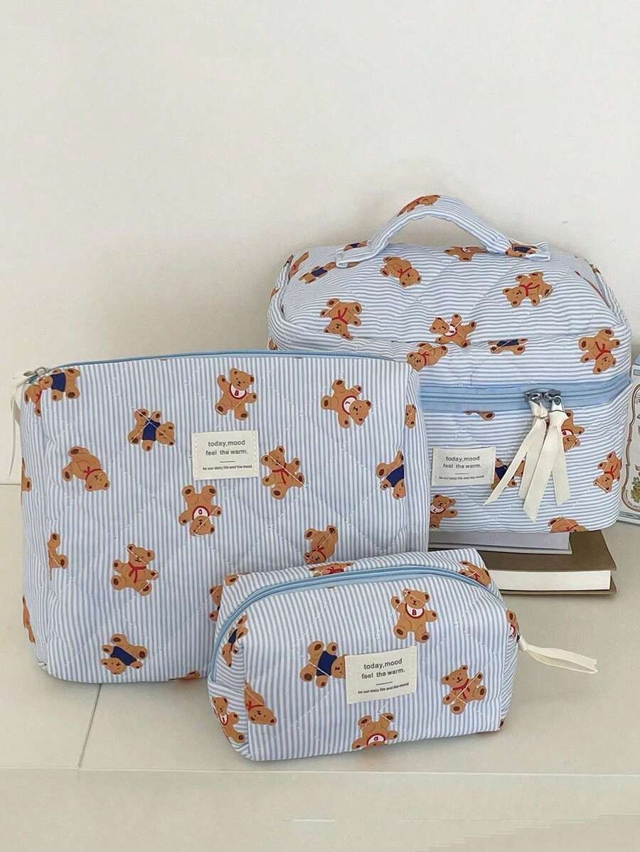 Found Favorite 1Pc/Set Cute Bear Pattern Large Capacity Multifunctional Cosmetie Bag ,Travel Makeup Bag ,Girls Make Up Bag ,Back To School Wallet Pouch Portable - Blue - View 1