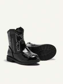 Cozy Pixies Autumn And Winter Fashion Versatile Fun Cute Comfortable Wear-Resistant Black Embroidery Fun Pastoral Baby Ankle Boots Western Cowboy Boots - Black - View 4