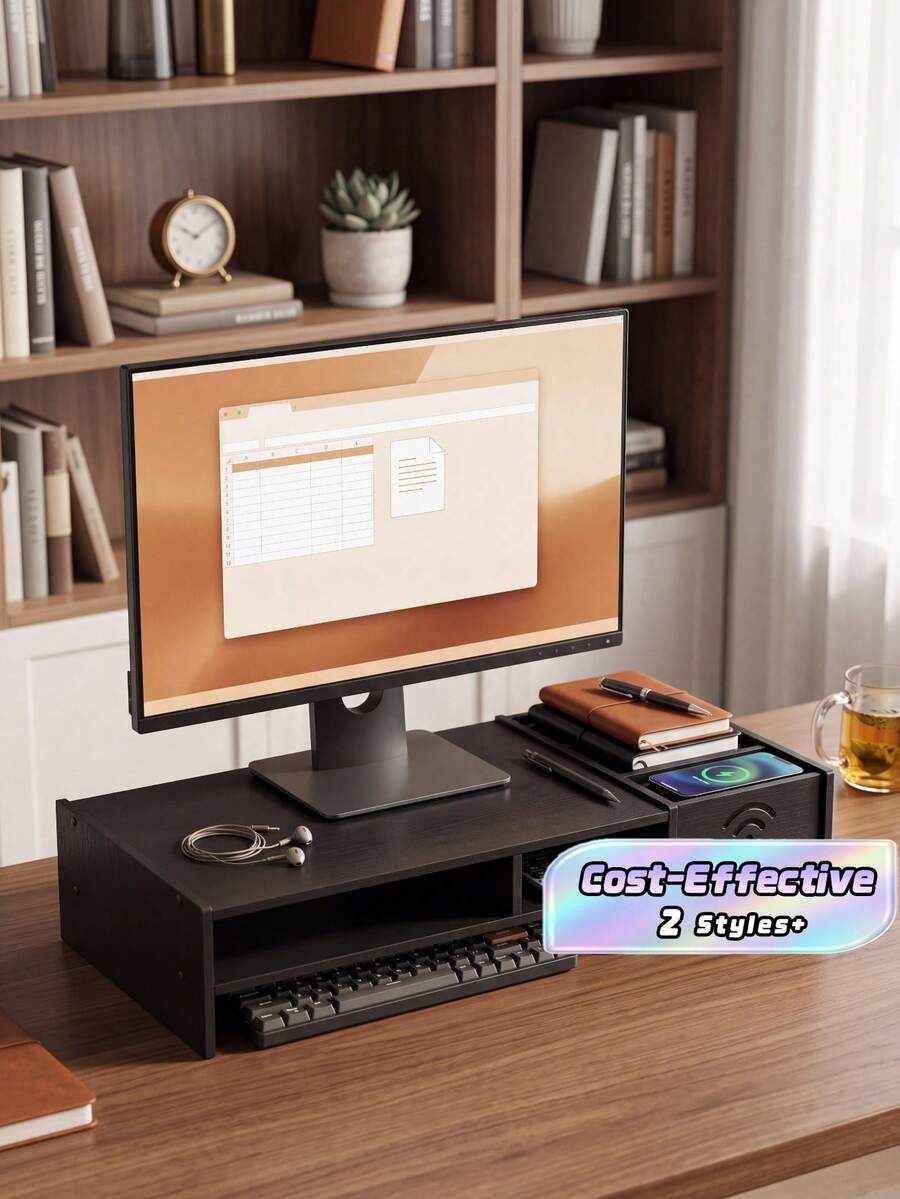Penyangga Monitor Hitam, Braket Penyimpanan Meja dengan Tempat Pena dan Kompartemen Penyimpanan, Rak Angkat Komputer, Pengatur Keyboard Kantor/Pelajar. - Dudukan penguat WIFI - View 1
