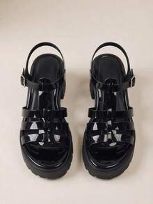 HighSole 女款時尚高跟綁帶涼鞋，簡約休閒日常穿搭 - 黑色鏡面 - 查看 7