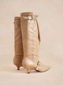 Rosivie Versatile Skinny Retro Double Buckle Apricot Pointed Kitten Heel Pleated Knee-High Boots - Apricot - View 4