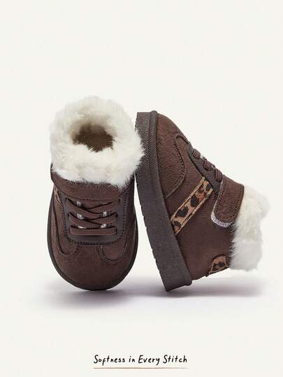 Cozy Pixies Boys Beige Coffee Brown Retro Simple Design Plush Warm Winter Shoes Lightweight Easy-On Flat Comfortable Casual For Daily Outdoor Activities