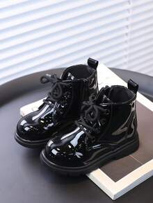 SHEIN Autumn And Winter Solid Color Children's Short Boots Bright Leather Comfortable Boys And Girls Classic Boots - Black - View 1