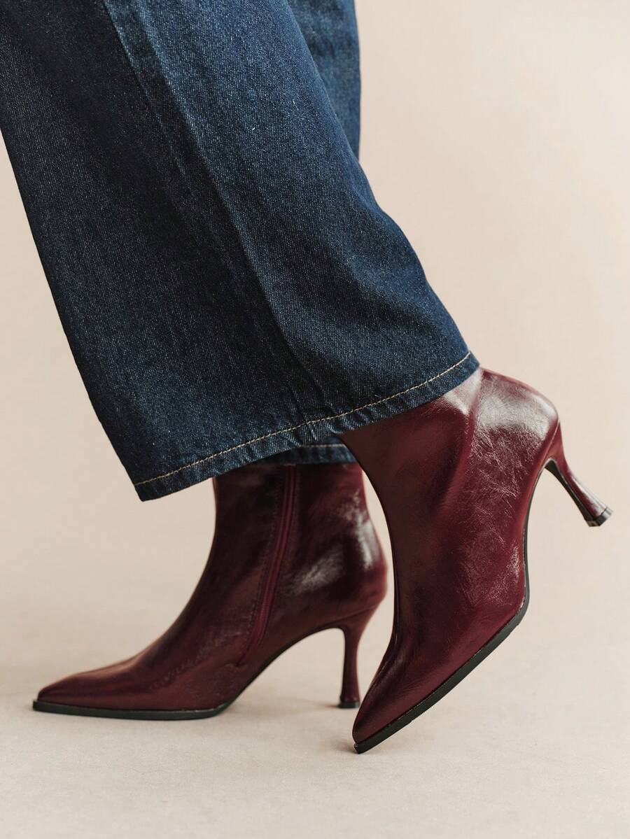 Rosivie Women's Ankle Strap Square Buckle Pointed Toe Burgundy Side Zipper Stiletto High Heel Ankle Boots, Commute Daily Versatile Style - Burgundy stiletto - View 1