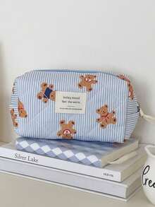 Found Favorite 1Pc/Set Cute Bear Pattern Large Capacity Multifunctional Cosmetie Bag ,Travel Makeup Bag ,Girls Make Up Bag ,Back To School Wallet Pouch Portable - Blue - View 3