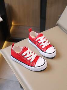 SHEIN Spring And Autumn Solid Color Children's Canvas Shoes Flat Bottom Non-Slip Breathable Lace-Up Girl Casual Shoes - Red - View 4