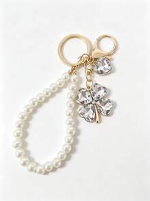Rhinestone Lucky Clover Keychain, Faux Pearl Crystal Heart Clover Bag Charm Pendant, Fashion Handbag Accessory, Birthday Party Holiday Gift - Multicolor - View 10