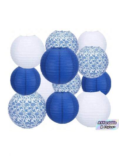 12pcs/Set,7.87 Inch,Blue And White Porcelain Designed Traditional Chinese Blue And White Porcelain Pattern Paper Lanterns, Suitable For Festival Celebrations, Parties And Home Decoration