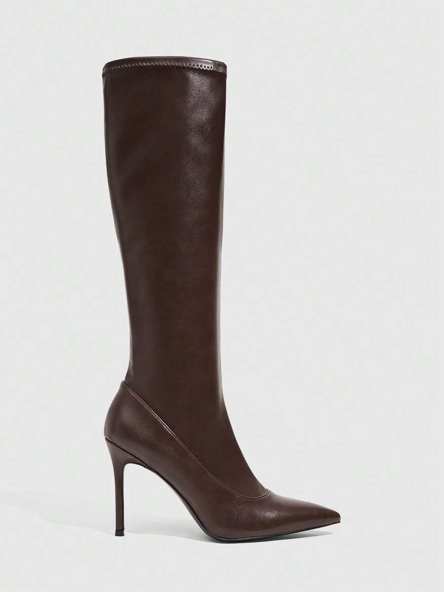 Daringsoles Coffee Brown Pointed Toe Stiletto High Tube Boots, Elastic Suede Straight Leg Slimming Below-Knee Fashion Boots, Autumn/Winter New Commuter Style Fall Shoes - Coffee - View 1