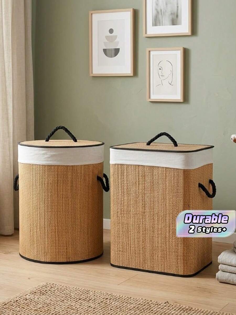 1Pc Large Capacity Foldable Bamboo Laundry Hamper With Lid & Handles,Hand-Woven Storage Basket, Bamboo Woven With Lid, For Miscellaneous Items, Toys, Dirty Clothes, Portable Laundry Hamper - Bamboo primary color - View 1