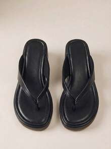 HighSole 春夏新款白色厚底坡跟夾腳拖鞋女鞋，女款防滑增高休閒舒適涼鞋，百搭涼鞋 - 黑色 - 查看 8