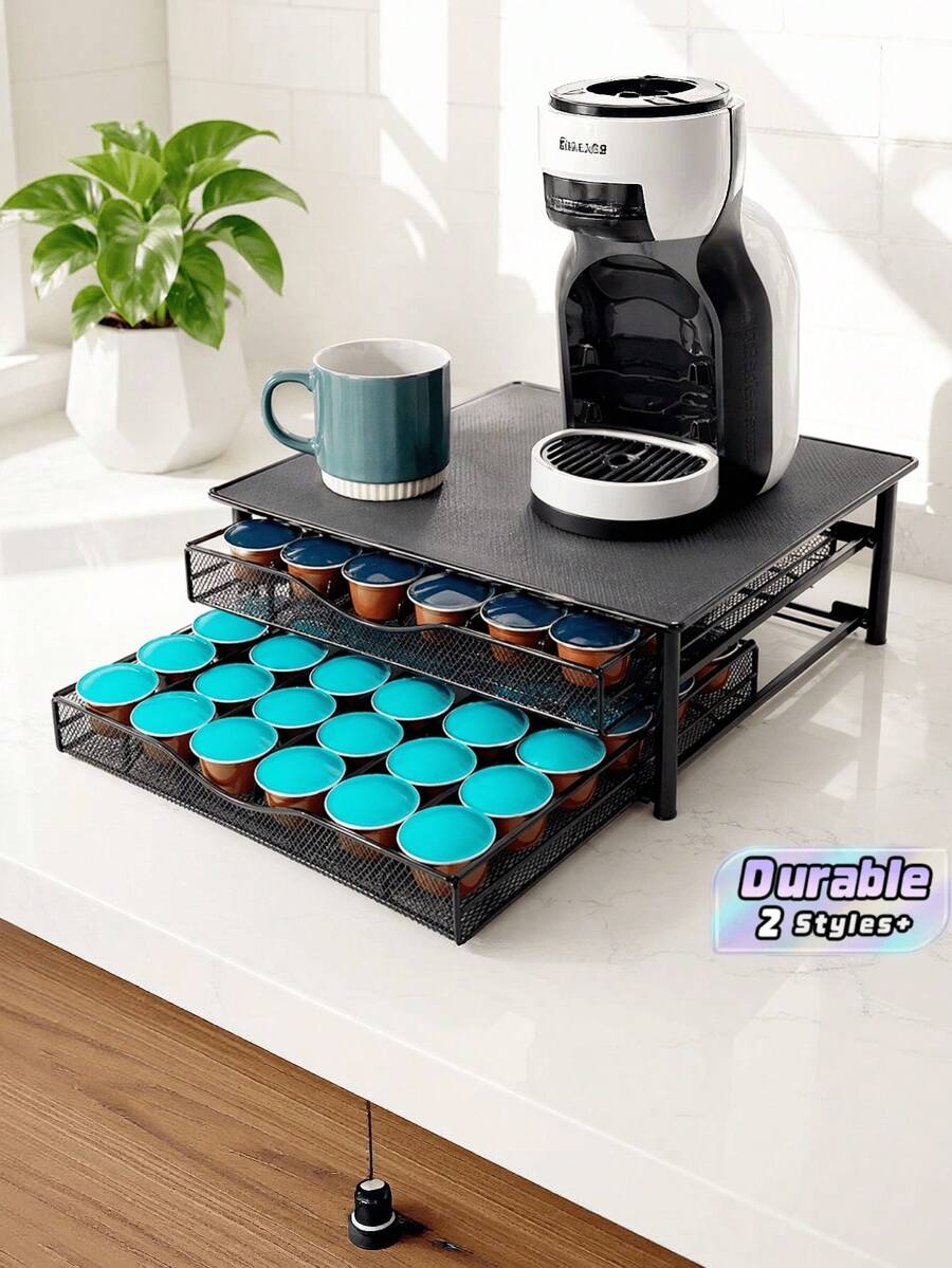 1pc Coffee Machine Stand With Pull‑Out Drawers, Metal Coffee Capsule Holder Organizer For Kitchen Countertop - Multicolor - View 1