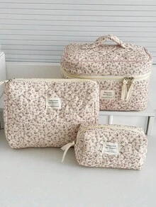 Found Favorite 1Pc/Set Floral Makeup Bags Corduroy Multifunctional Cosmetic Organizer Portable Cosmetics Storage Clutch With Zipper Closure For Cosmetics,Skin Care - Multicolor - View 1