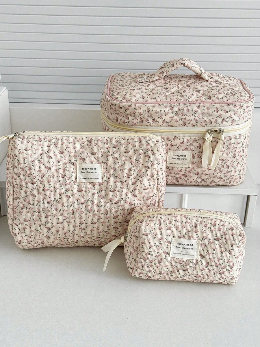 Found Favorite 1Pc/Set Floral Makeup Bags Corduroy Multifunctional Cosmetic Organizer Portable Cosmetics Storage Clutch With Zipper Closure For Cosmetics,Skin Care - Multicolor - View 1