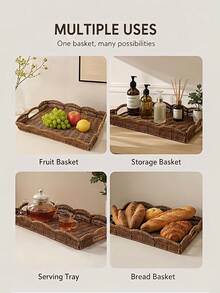 This Modern, Minimalist, Multi-Functional Faux Rattan Fruit Drainer Can Be Used As A Desktop Display Basket, Storage Basket, Tray, Or Even A Bread Basket For The Living Room. - Multicolor - View 9