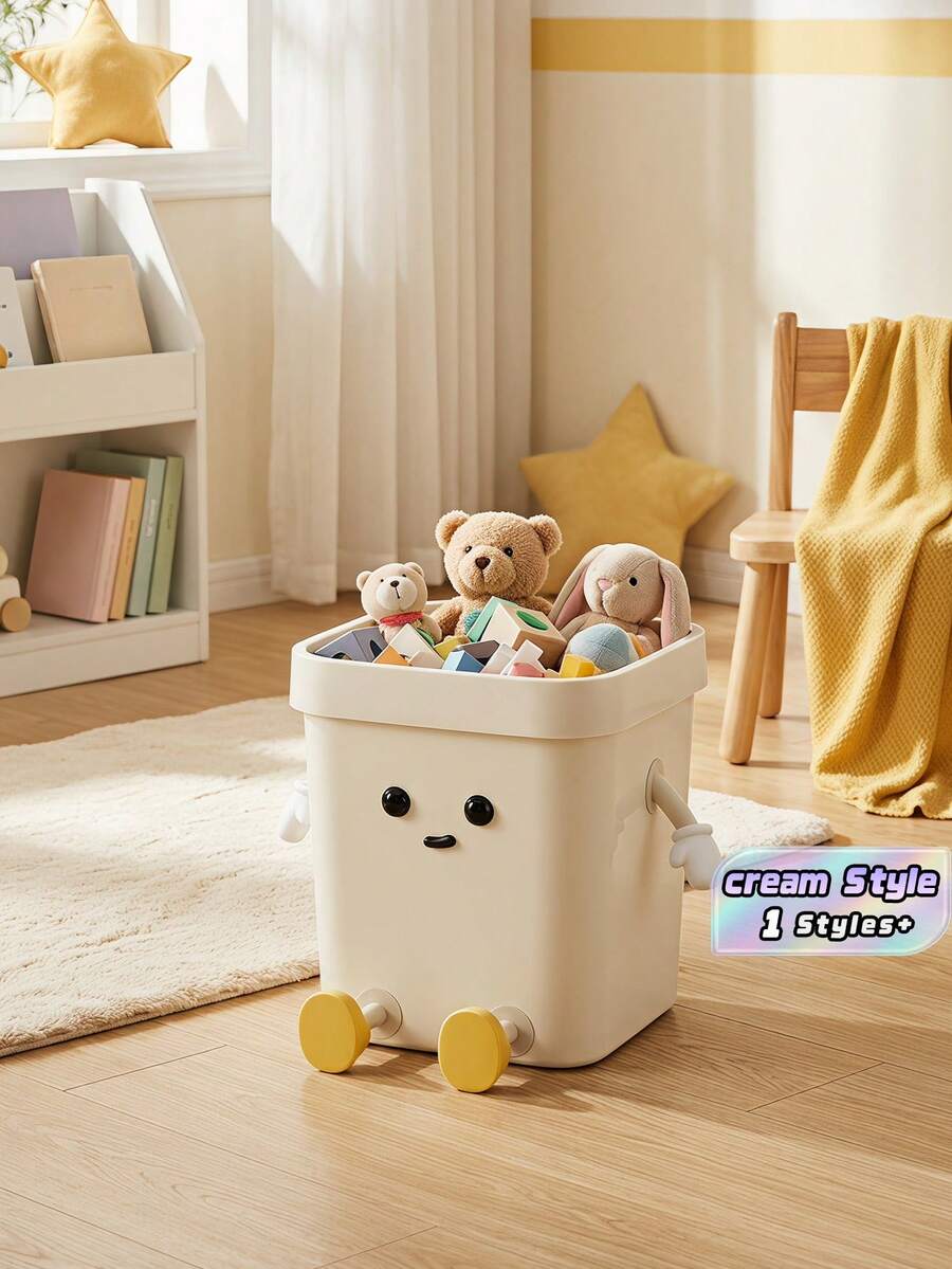1Pc Cream Style Trash Can, Large Cute Cartoon Waste Bin, High Appearance Level Creative Garbage Bucket For Living Room Bedroom Kitchen Bathroom Household Storage - Multicolor - View 1