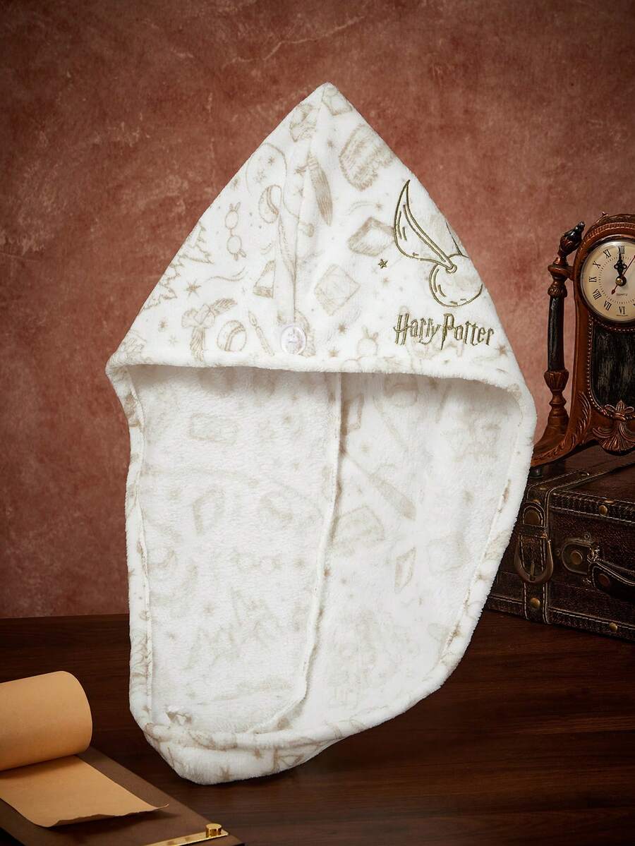 HARRY POTTER X SHEIN 金色刺繡乾髮帽,禮品,居家浴室裝飾夏季乾髮毛巾,返校季 - 白色 - 查看 1