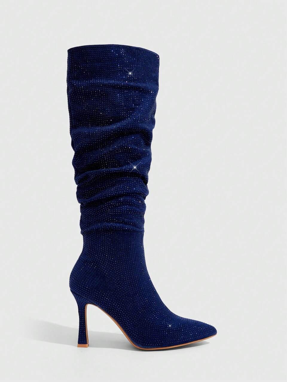 CUCCOO SZL Women Shoes Pointed Stiletto Dark Blue Suede Diamond Pile Boots Pleated Boots Stylish Simple Sexy Nightclub Party High Boots Women's Knee Boots High B Fall Shoes