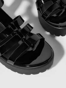 HighSole 女款時尚高跟綁帶涼鞋，簡約休閒日常穿搭 - 黑色鏡面 - 查看 8