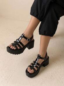 HighSole 女款時尚高跟綁帶涼鞋，簡約休閒日常穿搭 - 黑色鏡面 - 查看 3