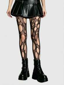 ROMWE Goth 高彈性黑色性感女款破洞連身褲 網襪褲襪緊身褲 - 洞洞黑色 - 查看 5