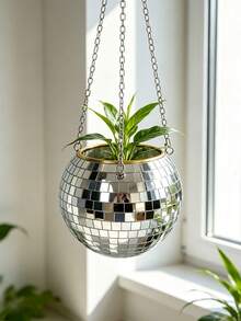 Disco Ball Silver Flower Pot With Chain Glass Mirror Hand-Made Handicrafts Suitable For Outdoor Gardens, Offices, Homes, Decorative Crafts - Multicolor - View 6