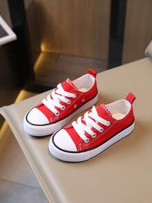 SHEIN Spring And Autumn Solid Color Children's Canvas Shoes Flat Bottom Non-Slip Breathable Lace-Up Girl Casual Shoes - Red - View 1
