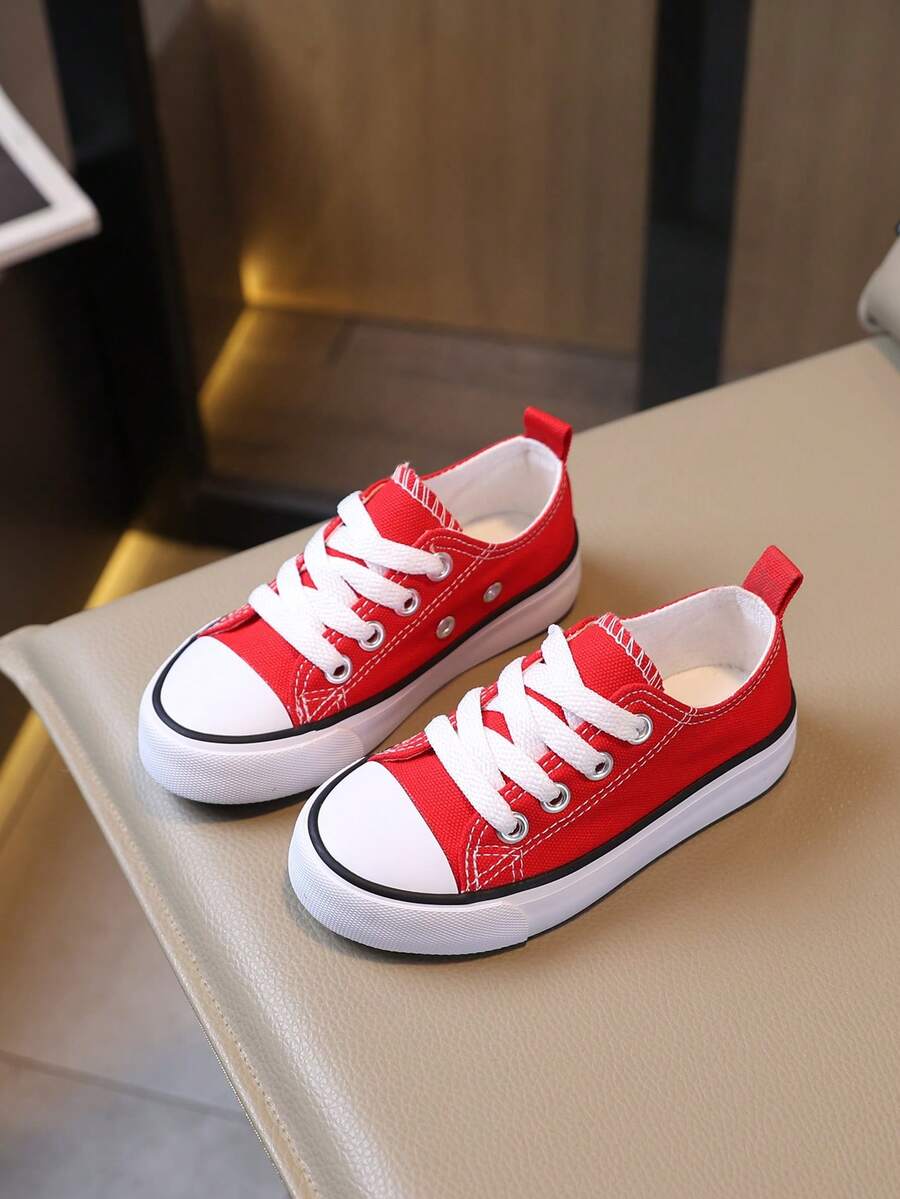 SHEIN Spring And Autumn Solid Color Children's Canvas Shoes Flat Bottom Non-Slip Breathable Lace-Up Girl Casual Shoes - Red - View 1