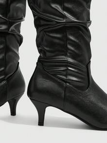 CUCCOO SZL Retro Gentle Style Women Autumn And Winter Commute Dating Solid Color Round Toe High Tube Fine Heel Natural Pile Pleated Tube Elegant Long Tube Fa - Black - View 5