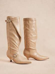 Rosivie Versatile Skinny Retro Double Buckle Apricot Pointed Kitten Heel Pleated Knee-High Boots - Apricot - View 1