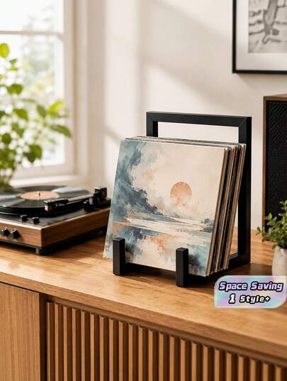 1PC Multifunctional Space Saving Adjustable Vintage Modern Record Display Stand Desktop Organizer Shelf Holder For CDs Vinyl Albums Books Art Frames Plates Home Office Cafe Decorative Gift For Music Lovers Collectors