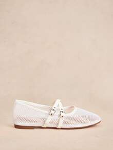Rosivie Nuevos zapatos Mary Jane de malla francesa de moda para mujer, mocasines blancos de verano con diseño hueco transpirable, doble hebilla, punta cuadrada, suela plana y empeine bajo - Blanco - Ver 2