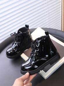 SHEIN Autumn And Winter Solid Color Children's Short Boots Bright Leather Comfortable Boys And Girls Classic Boots - Black - View 4