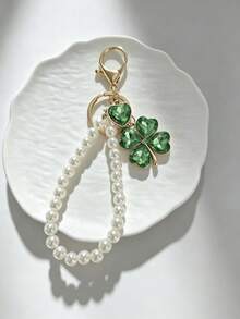 Rhinestone Lucky Clover Keychain, Faux Pearl Crystal Heart Clover Bag Charm Pendant, Fashion Handbag Accessory, Birthday Party Holiday Gift - Multicolor - View 5