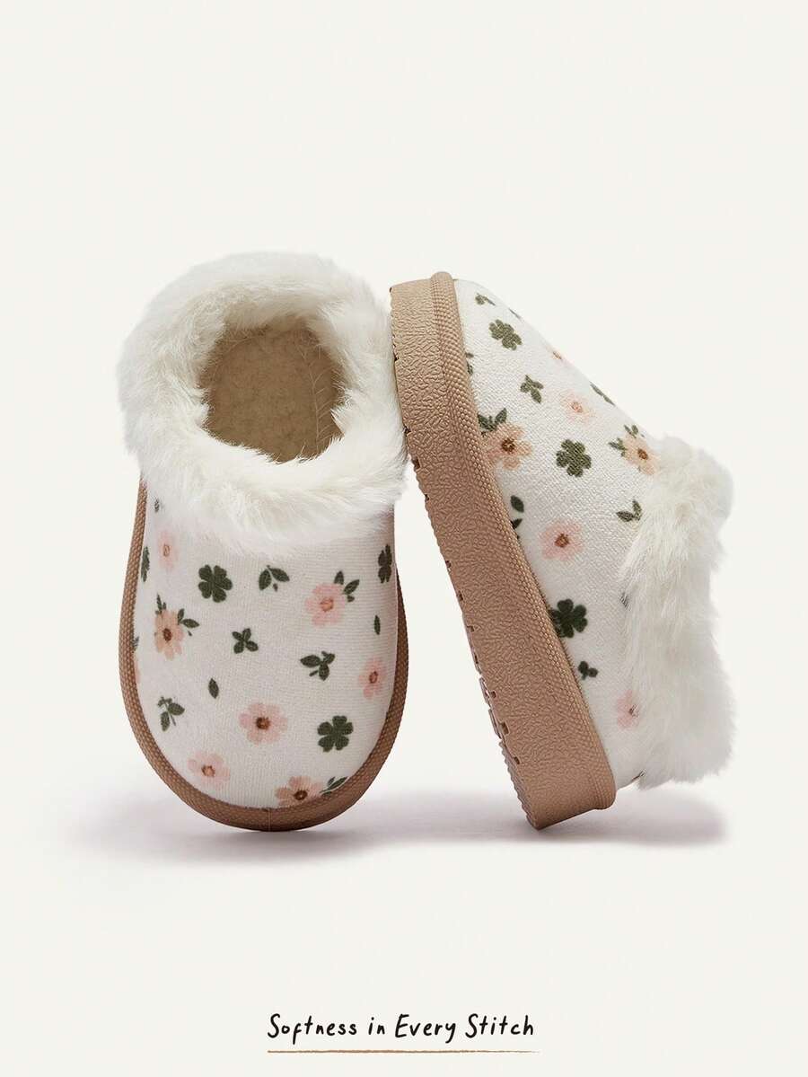 Cozy Pixies 女童米白色時尚可愛花卉印花保暖抓絨內裡舒適休閒平底拖鞋,適合冬季日常穿著 - 白色 - 查看 1