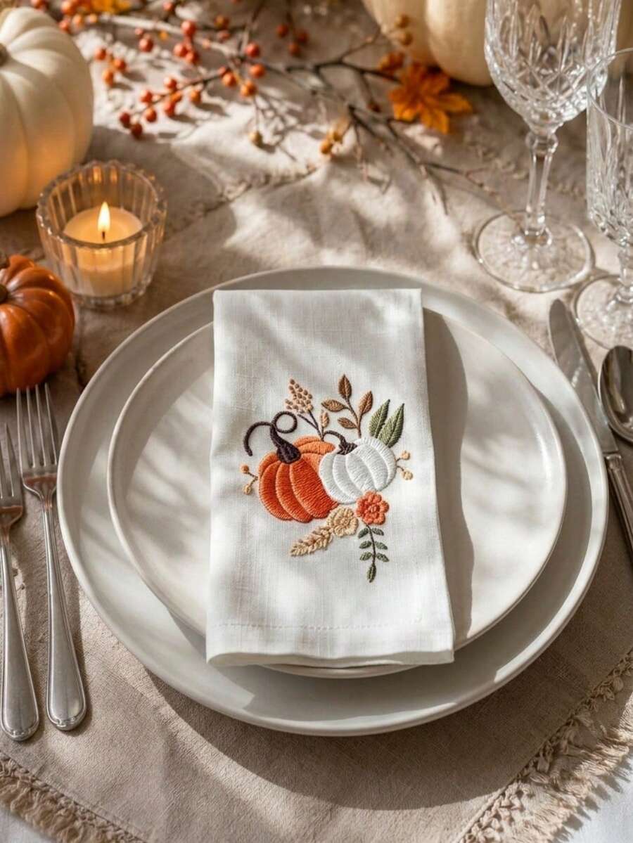 Cirelle 1/2/4 Pcs Embroidered Pumpkin Cloth Napkins, Fall Harvest Polyester Dinner Napkins Set, Washable Reusable Table Napkins For Thanksgiving, Autumn Holiday & Dining Table Decor - Multicolor - View 1