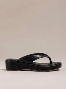 HighSole 春夏新款白色厚底坡跟夾腳拖鞋女鞋，女款防滑增高休閒舒適涼鞋，百搭涼鞋 - 黑色 - 查看 2