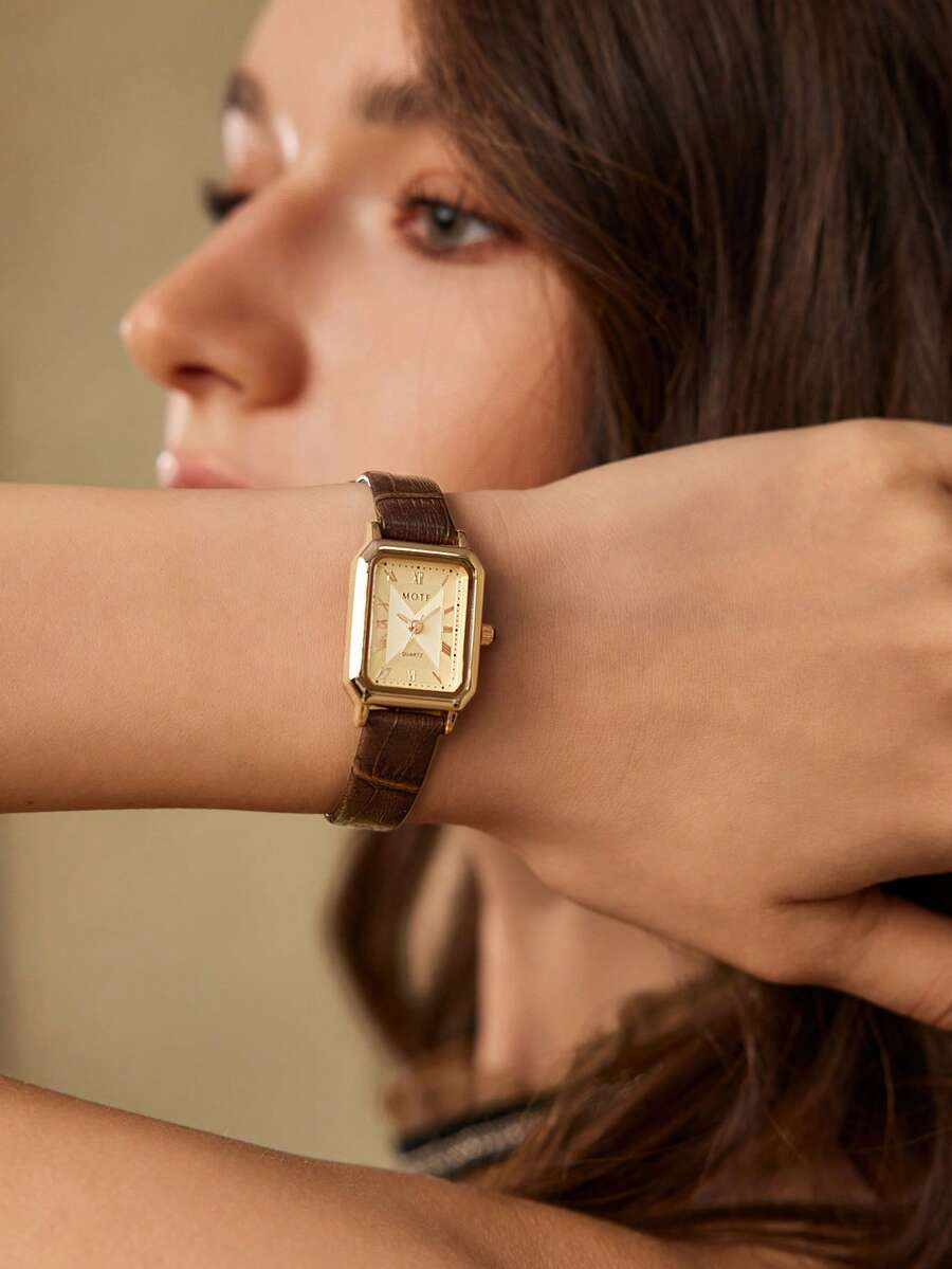 MOTF PREMIUM RELOJ DE MUJER DE CUADRADO DORADO ROSA CON NÚMEROS ROMANOS - Marrón - Ver 2