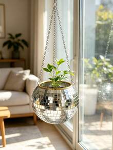 Disco Ball Silver Flower Pot With Chain Glass Mirror Hand-Made Handicrafts Suitable For Outdoor Gardens, Offices, Homes, Decorative Crafts - Multicolor - View 5